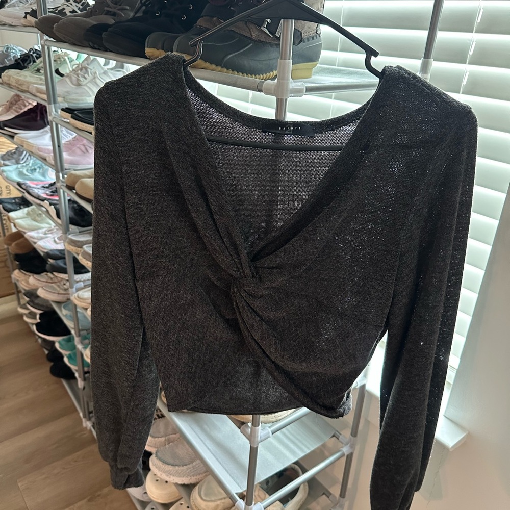 Dark Gray Twist-Front Long Sleeve Top